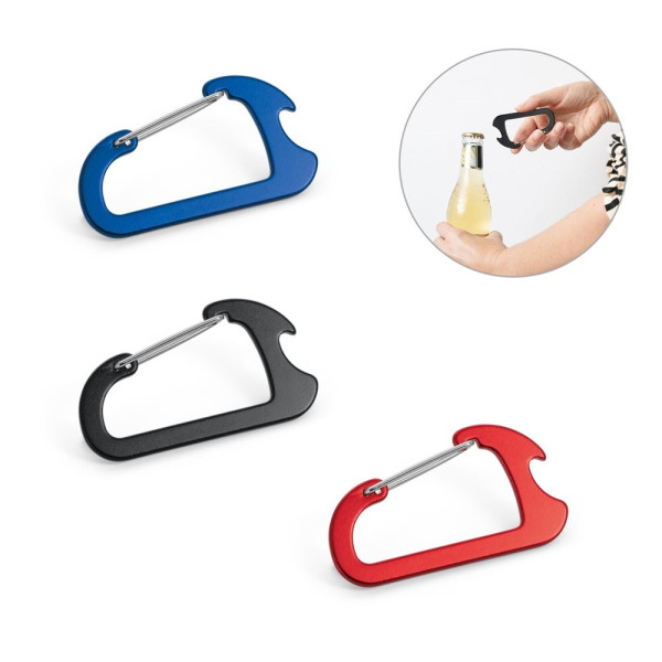CLOSE. Karabijnhaak met aluminium capsuleopener