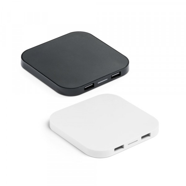 CAROLINE. Supersnelle 15W draadloze oplader met HUB 2 USB-A poorten in gerecycled ABS (100% rABS)