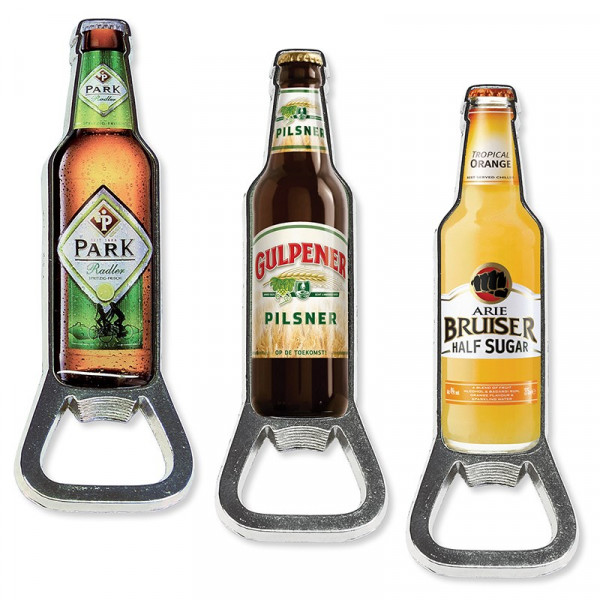 Robuste Flessenopener in de vorm van een fles met dominglabel