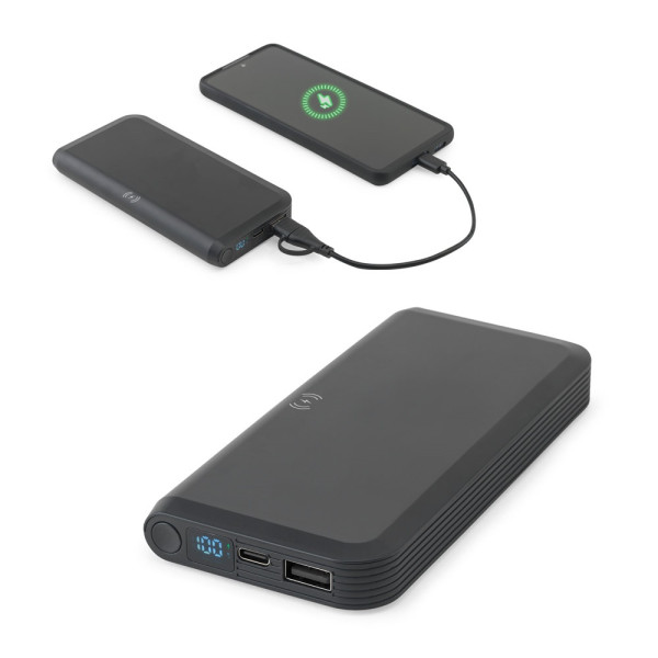 BECKER 10. 10'000 mAh powerbank van gerecycled ABS (100% rABS) met 15W supersnelle draadloze oplader