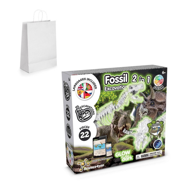 2 in 1 Fossil Excavation Kit II. Educatief spel geleverd met een kraftpapier cadeauzakje (90 g/m²),