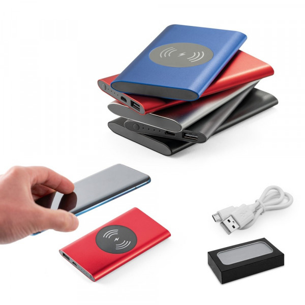 CASSINI. Powerbank 4'000 mAh met 5W draadloze oplader in gerecycled aluminium (100% rAL)
