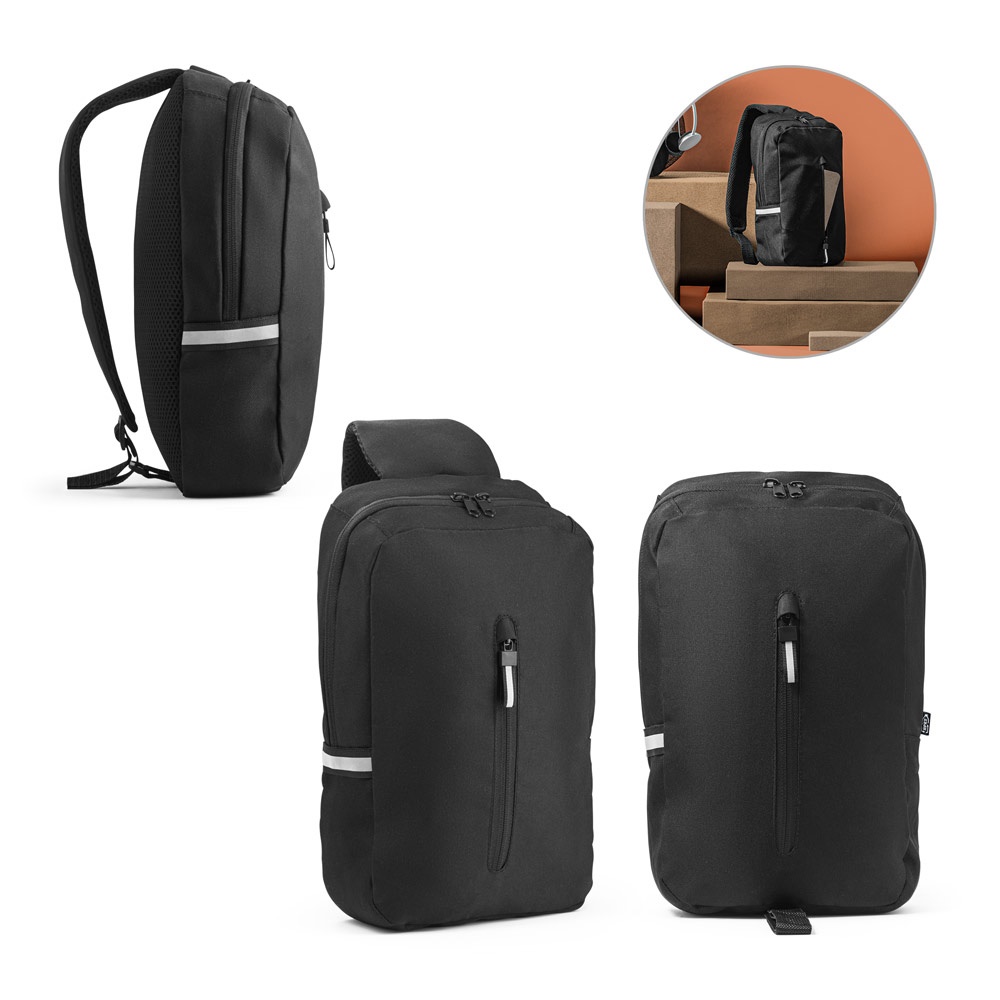 DELFOS. 300D gerecycled polyester en 600D gerecycled polyester rugzak met één riem, met een voering van 210D gerecycled polyester