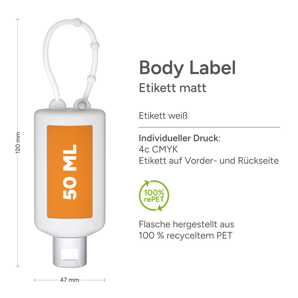 Handreinigingsgel, Bumper 50 ml, wit, Body Label (R-PET)