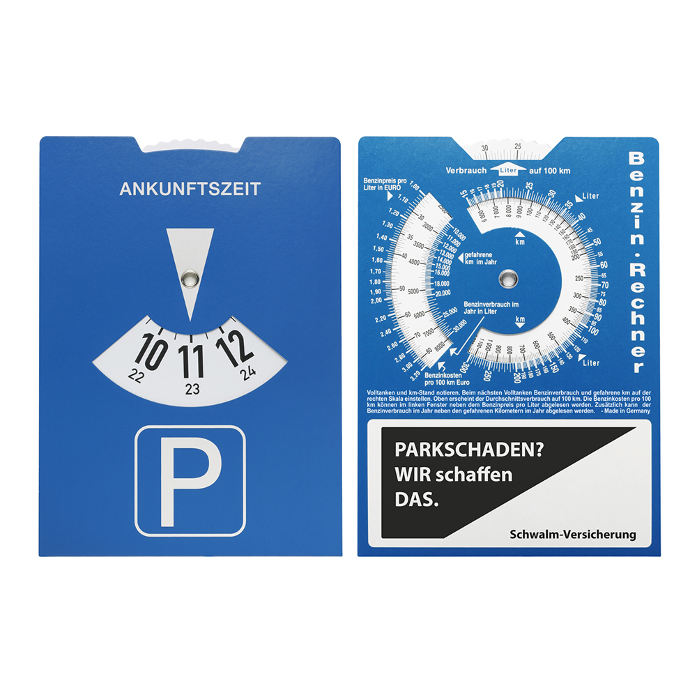 Kartonnen parkeerschijf met benzineberekener