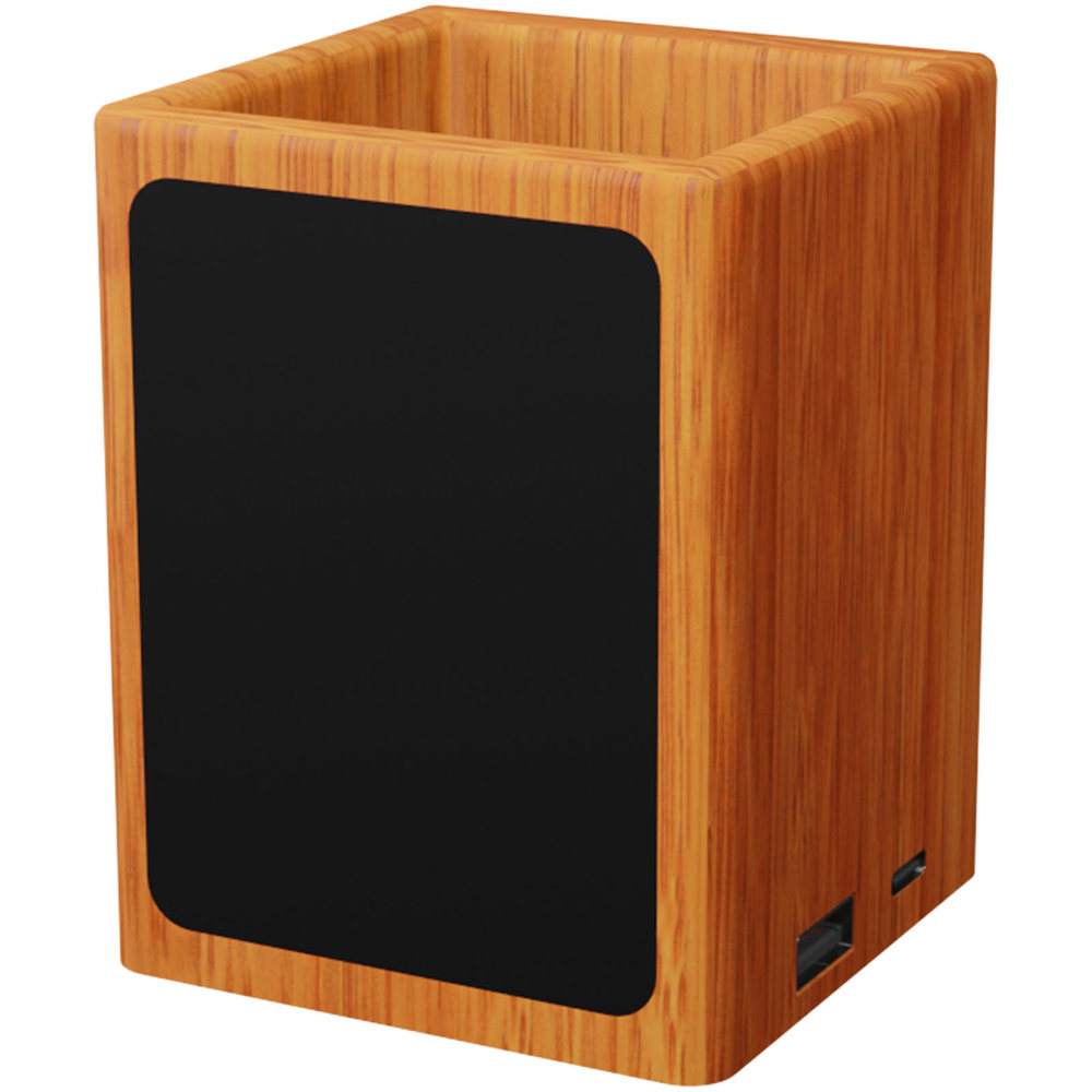 SCX.design O12 houten potloodhouder met oplichtend logo en dubbele USB-uitgang