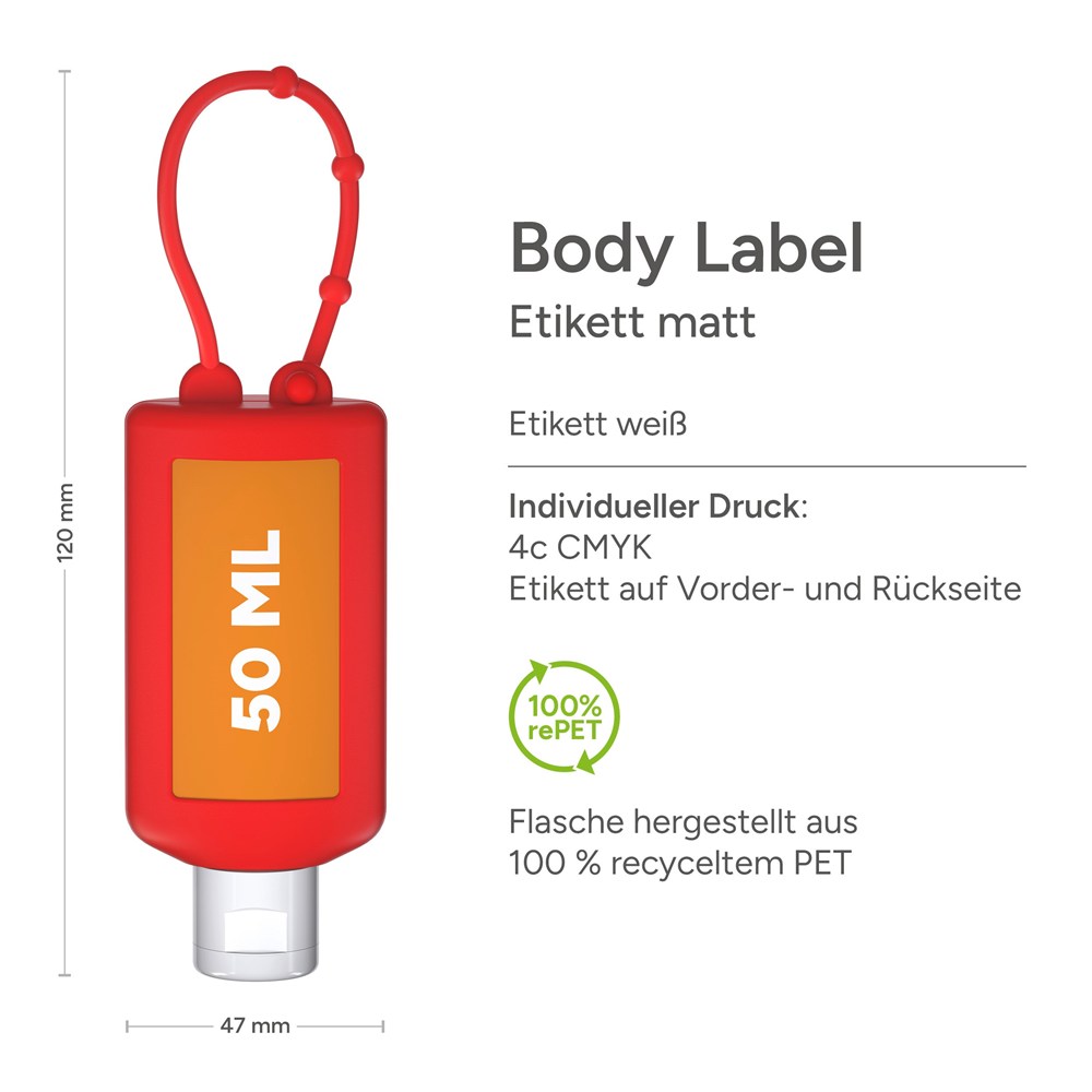 Handreinigingsgel, Bumper 50 ml, rood, Body Label (R-PET)