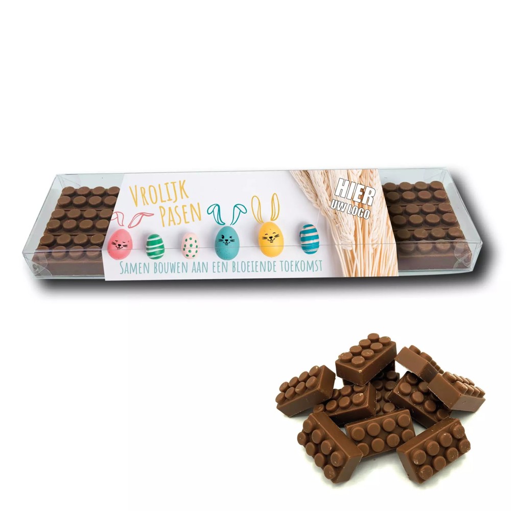 Doosje met 18 chocolade PAAS bouwblokjes inclusief banderol