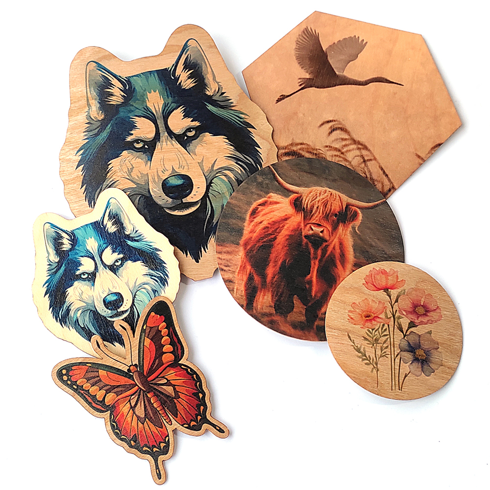 Zelfklevende vormen stickers Hout 0,5 mm Esdoorn of Eiken! Fc bedrukking en lasergesneden.