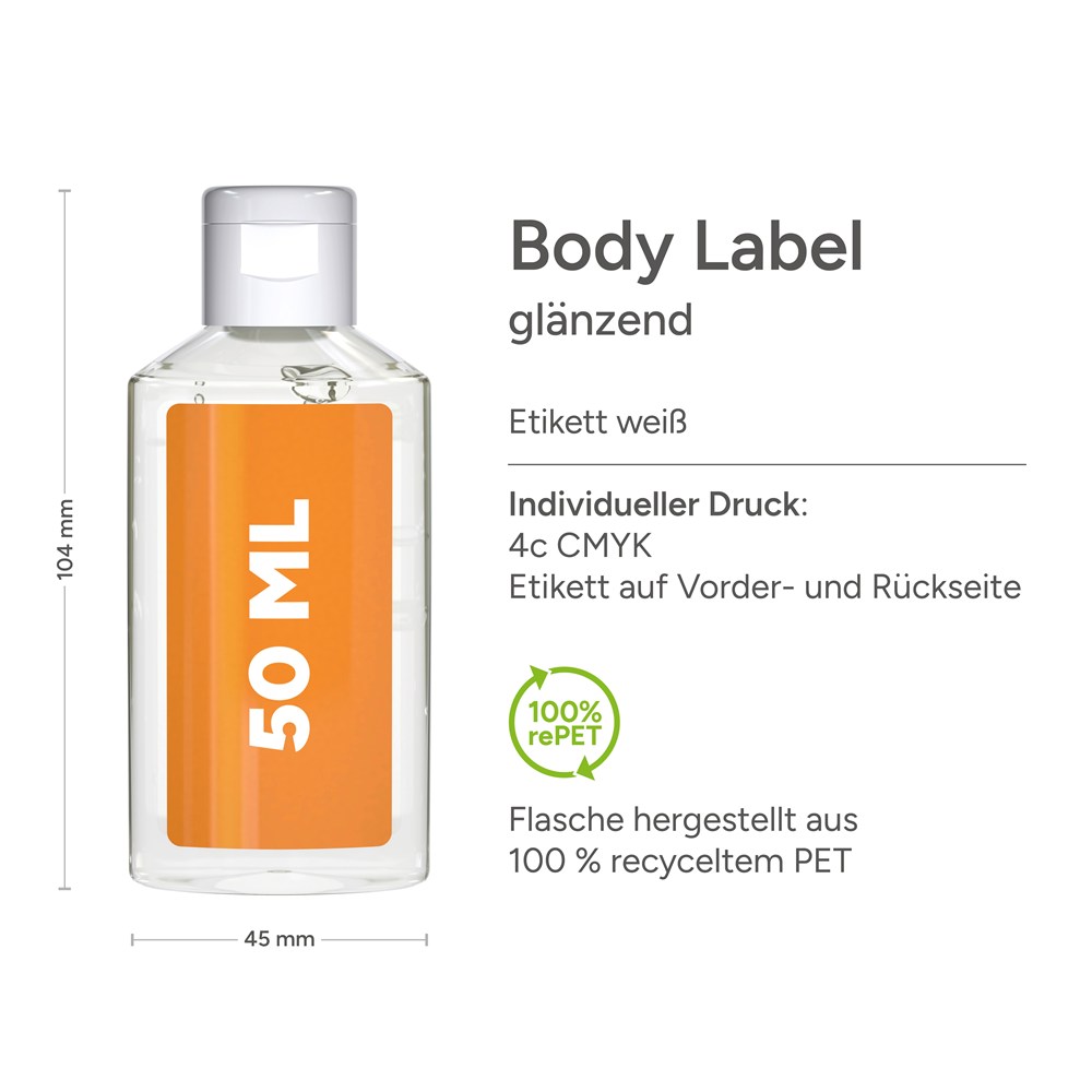 Handreinigingsgel, 50 ml, Body Label (R-PET)