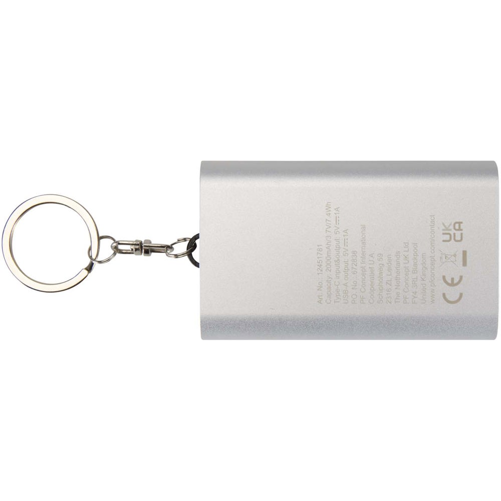 Arcturus powerbank van 2000 mAh van gerecycled aluminium met sleutelhanger