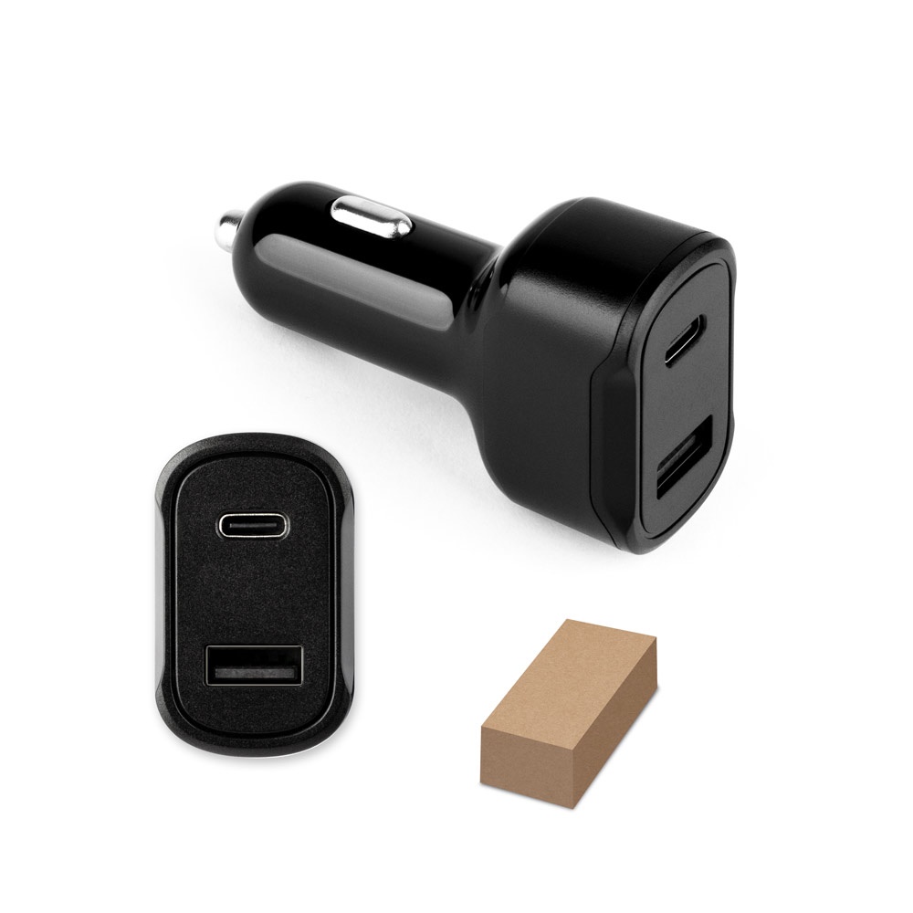 DIRAC. Sigarettenaansteker adapter met USB-A poort 18W en USB-C 20W in gerecycled ABS (100% rABS)