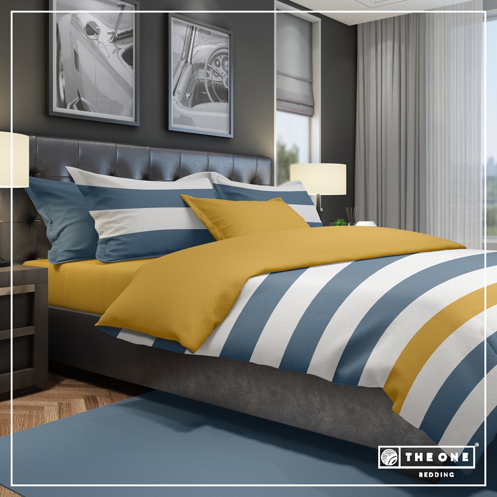 Bedset Stripe Eenpersoonsbedden - Indigo / Goud