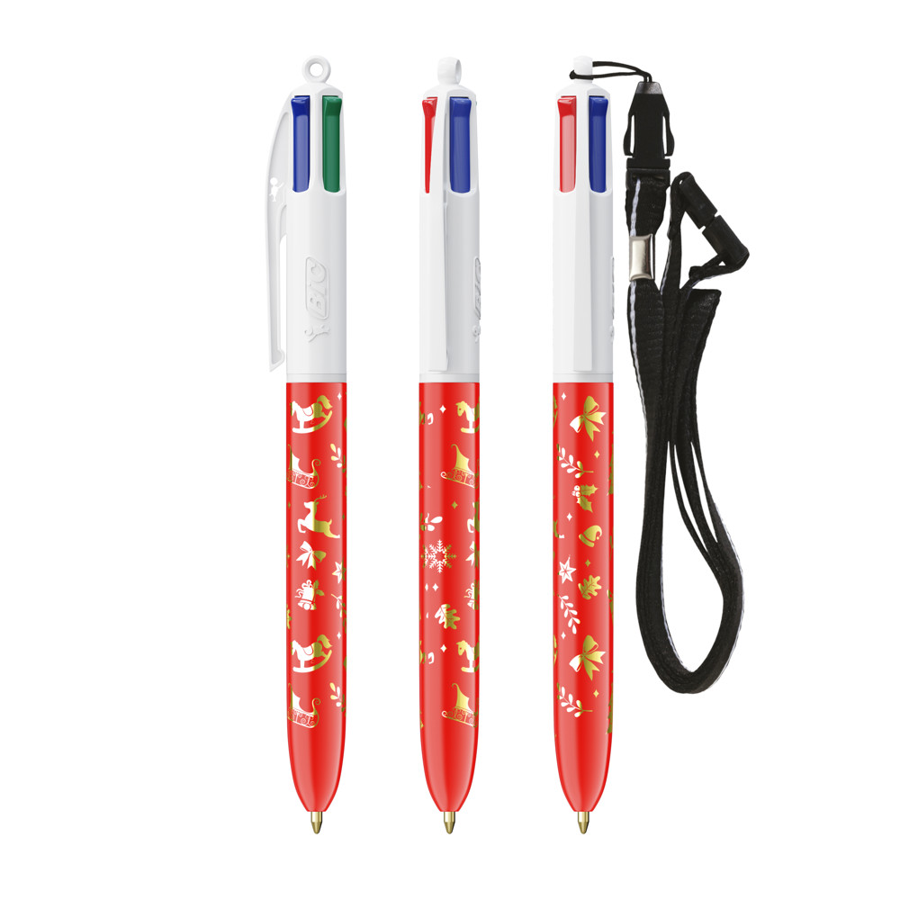 BIC® 4 Colours® ballpen + lanyard - wit/rood