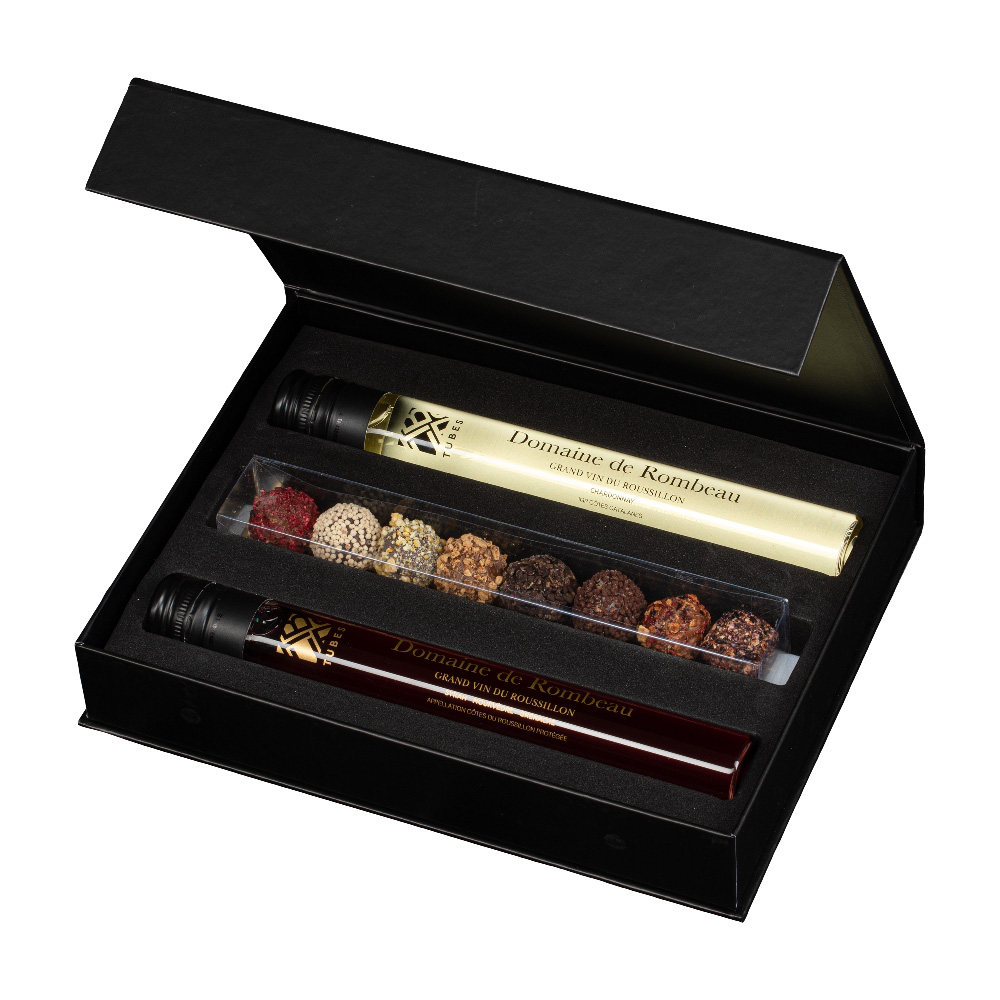 Giftbox | Rombeau Wine & Chocolate | 2 x 100 ML | 1 x 8 truffels | Glas