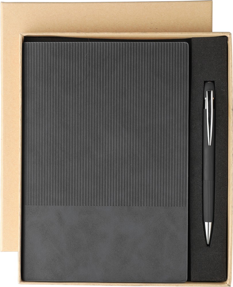 Gerecycled PU-notitieboek (A5) en balpenset Tarek - Zwart