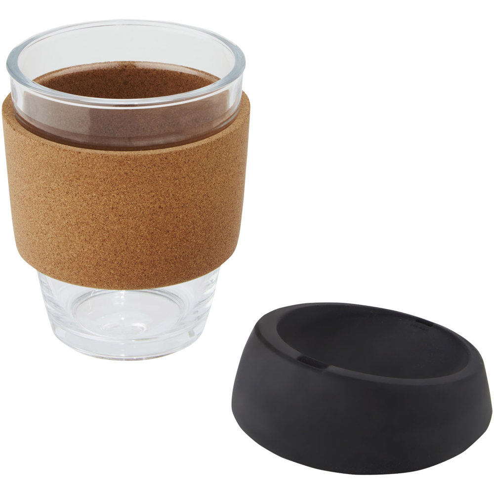 Lidan borosilicaat glazen beker van 360 ml met kurken grip en siliconen deksel