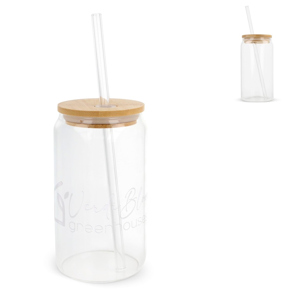 Glas met bamboe deksel &amp; rietje 450 ml