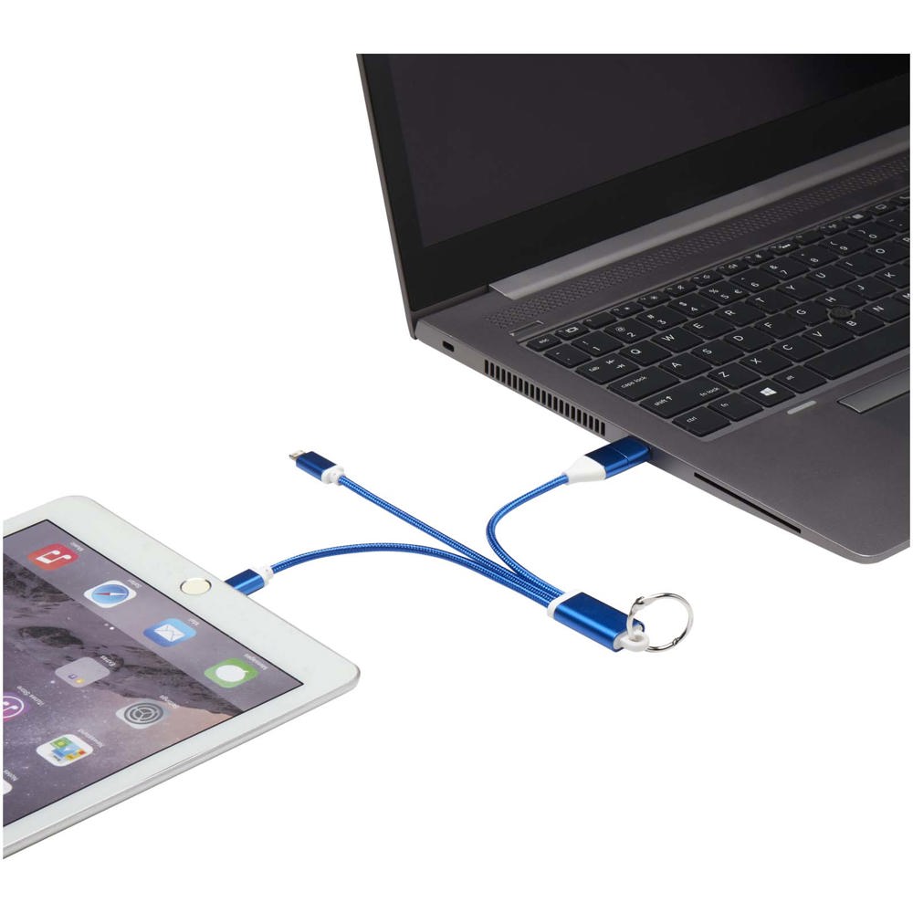 Metal 4-in-1 oplaadkabel van gerecycled aluminium met sleutelhanger