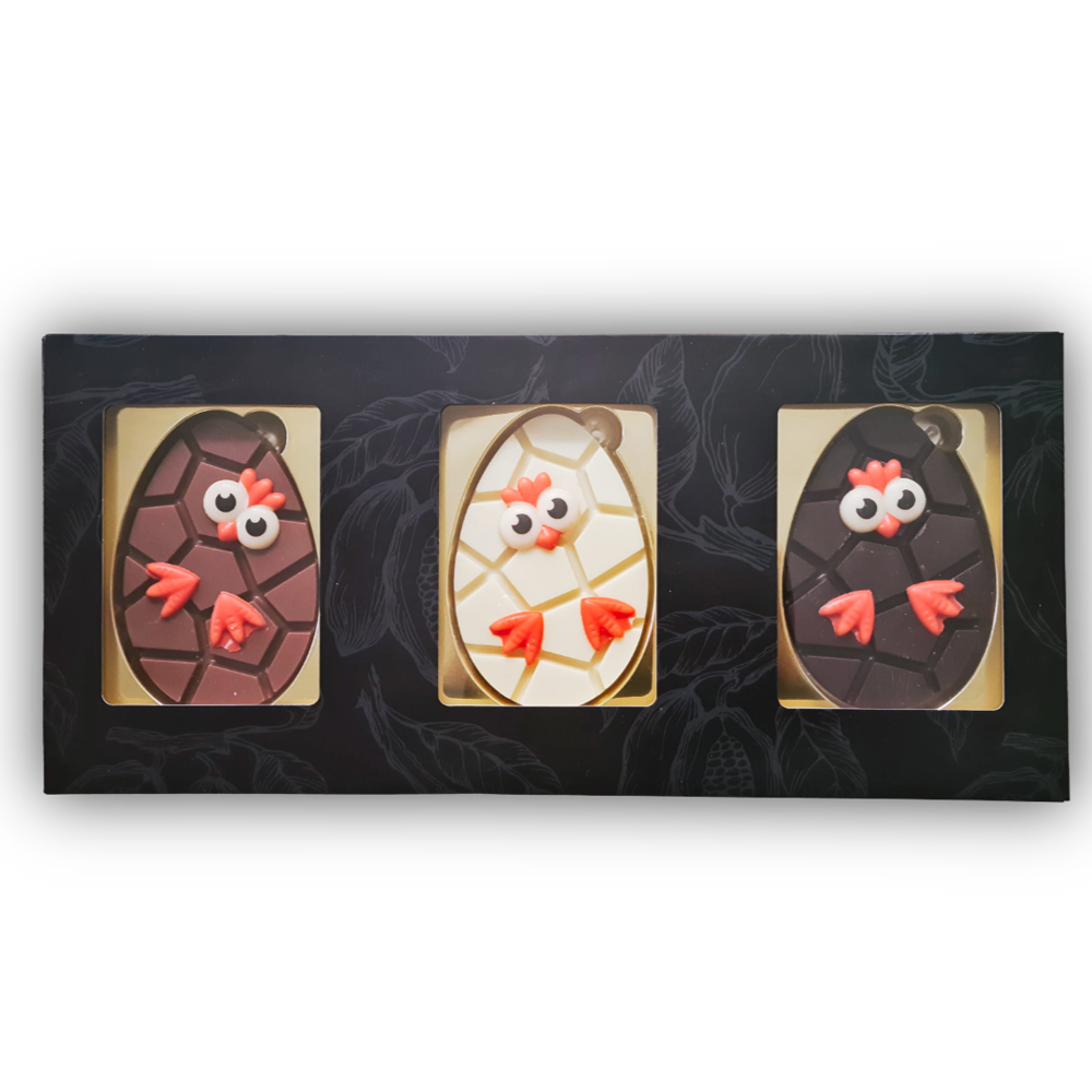 Wikkel met trio chocolade paaseieren | paaskuikentje | melk/wit/puur | 290g