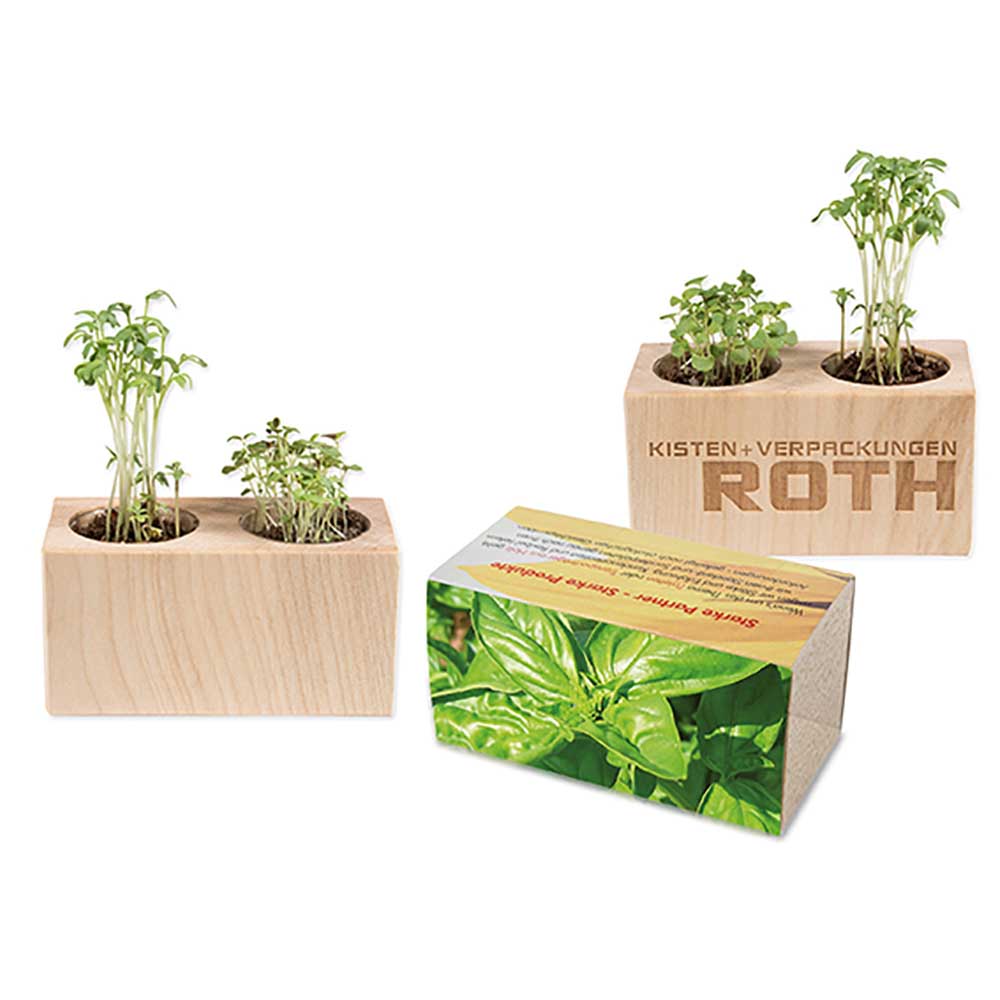 Houten plantenset dubbel met zaden - Basilicum