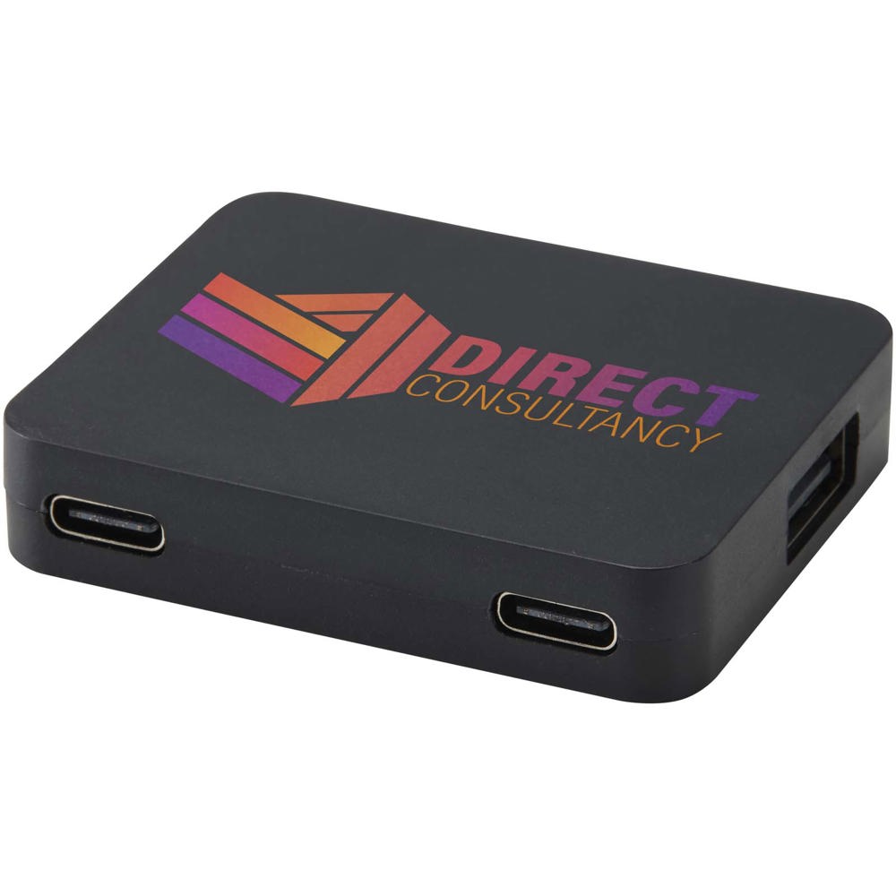 Gaia 4 poorts USB hub met uitgangen voor USB-A en Type-C en dubbele ingang van gerecycled plastic