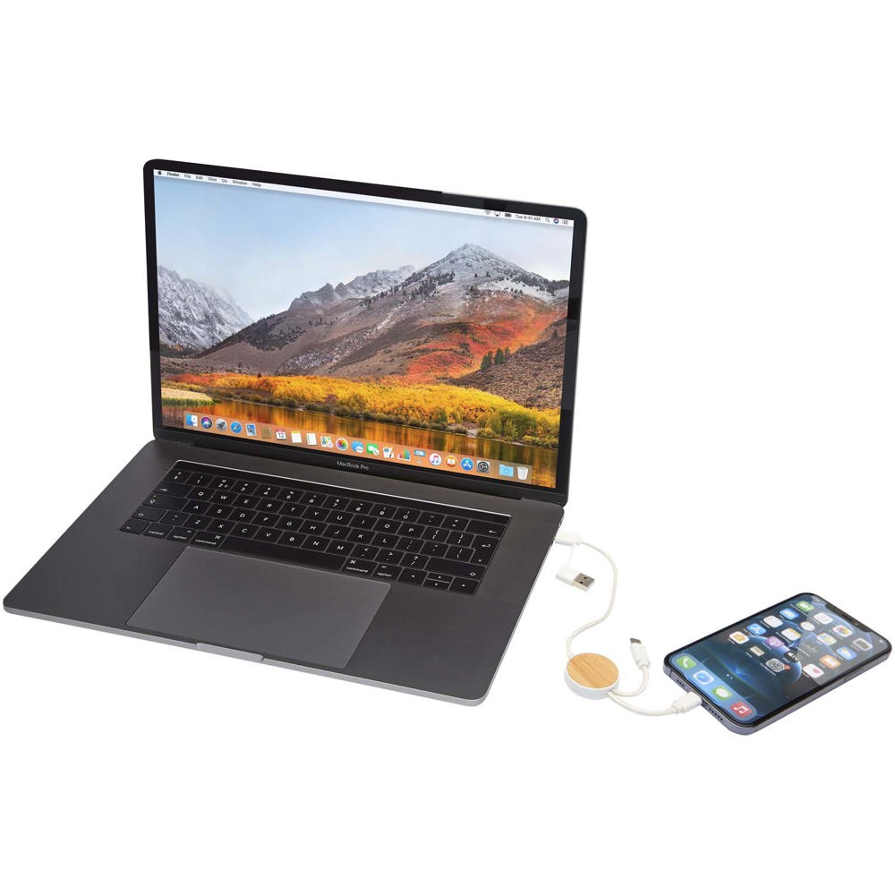Chechia 5-in-1 30 cm datasynchronisatie- en 27 W snellaadkabel van gerecycled plastic met bamboe details