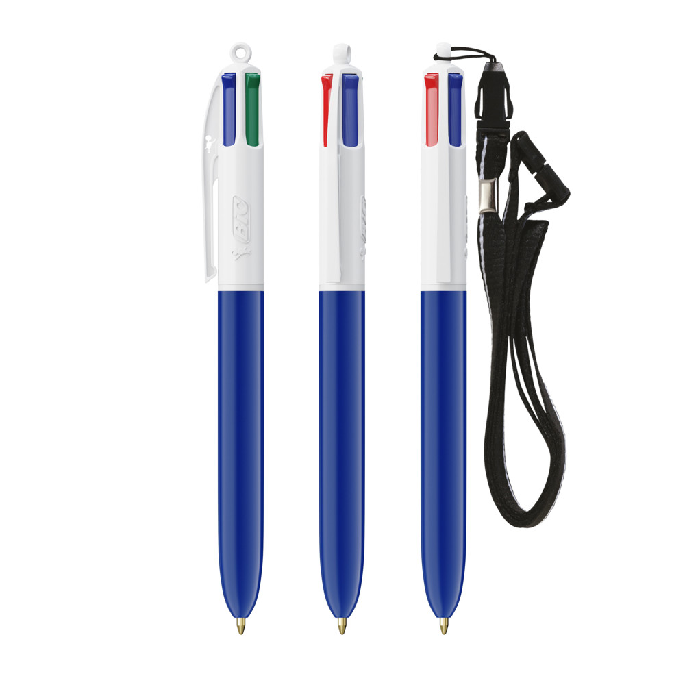BIC® 4 Colours® ballpen + lanyard - Wit/Marineblauw