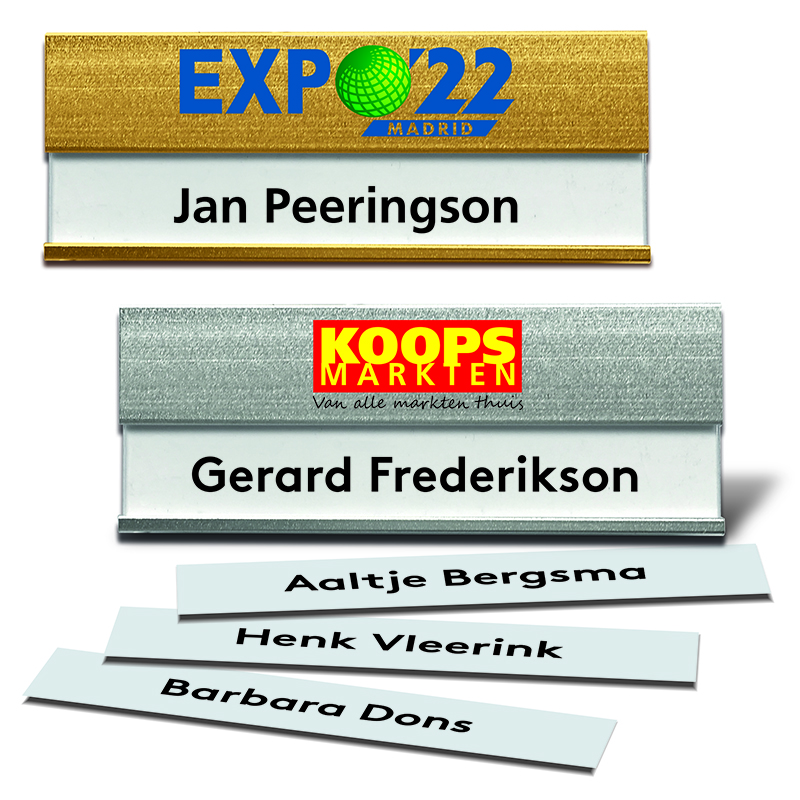 Aluminium Naambadge 70 x 25 mm met full colour bedrukking en insteek naamkaartje