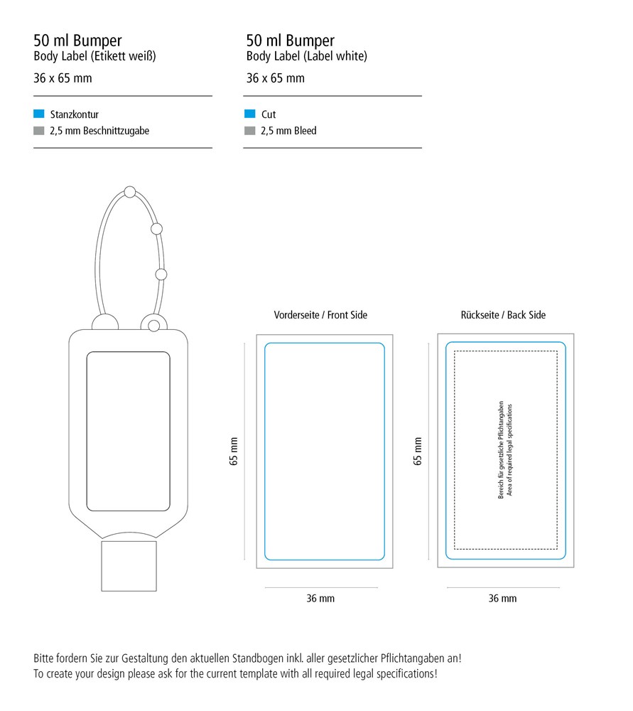 Handreinigingsgel, Bumper 50 ml, wit, Body Label (R-PET)