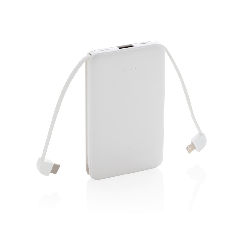 5.000 mAh zakformaat powerbank met geïntegreerde kabels - wit (± PMS White)
