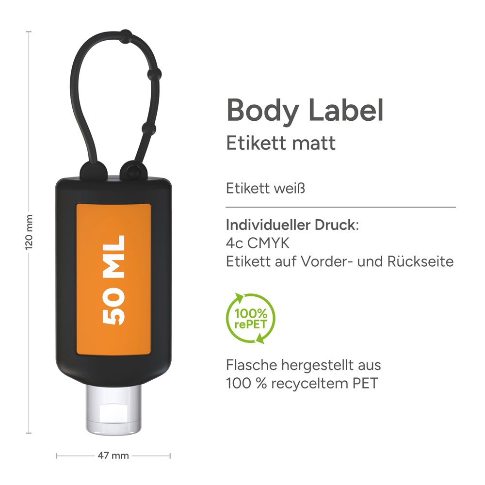 Handreinigingsgel, Bumper 50 ml, zwart, Body Label (R-PET)