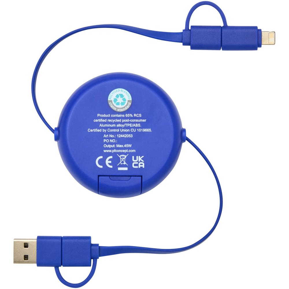 Alasia 5-in-1 100 cm intrekbare datasynchronisatie- en 45 W snellaadkabel van gerecycled plastic en aluminium