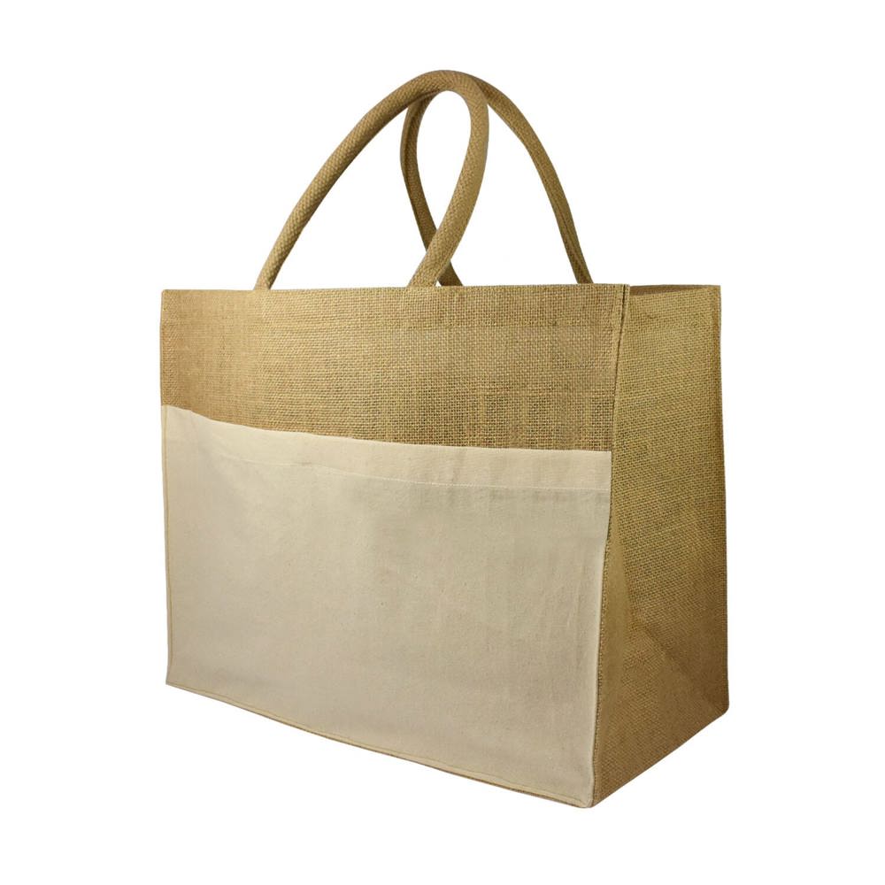 Jute shopper met katoenen vak, 300 gr/m²