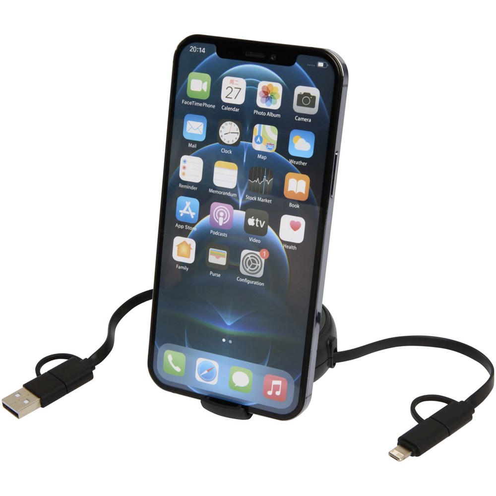 Alasia 5-in-1 100 cm intrekbare datasynchronisatie- en 45 W snellaadkabel van gerecycled plastic en aluminium