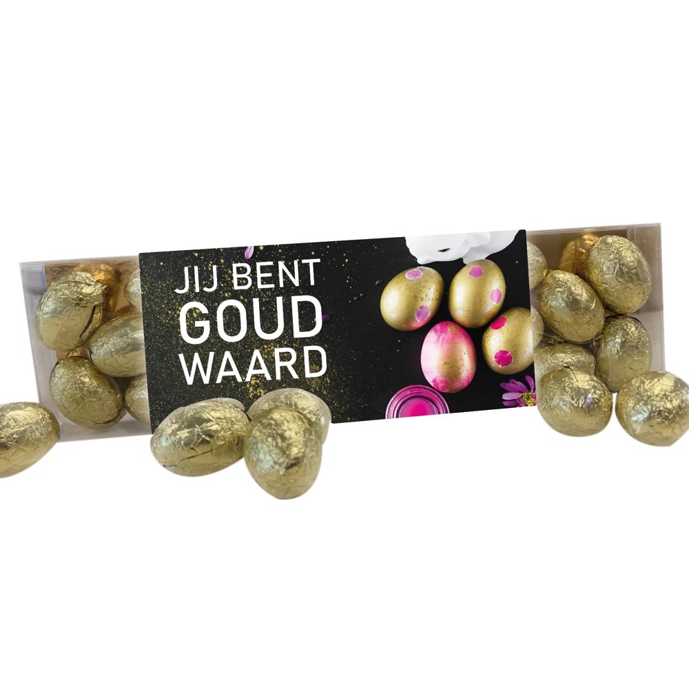 Doosje met 23 chocolade gouden paaseitjes - inclusief banderol