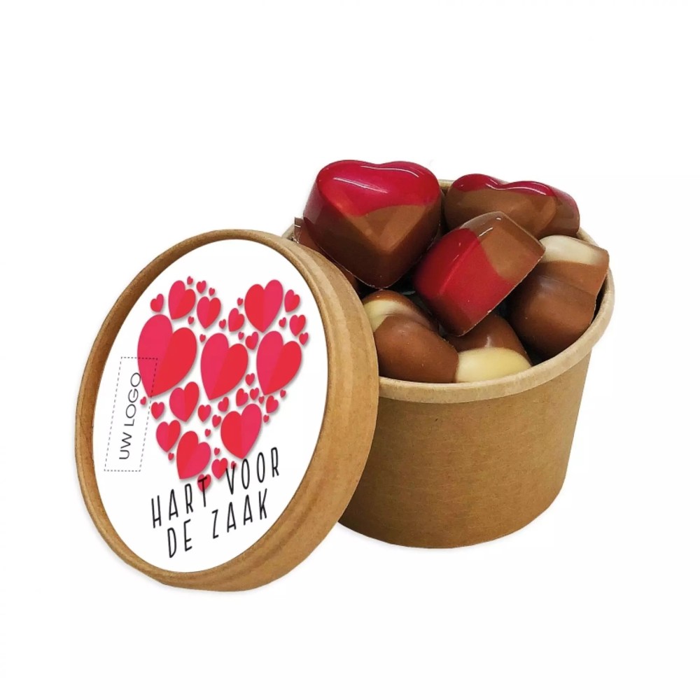 Bio snoepbeker 100 gram hazelnootpraliné/roomhartjes