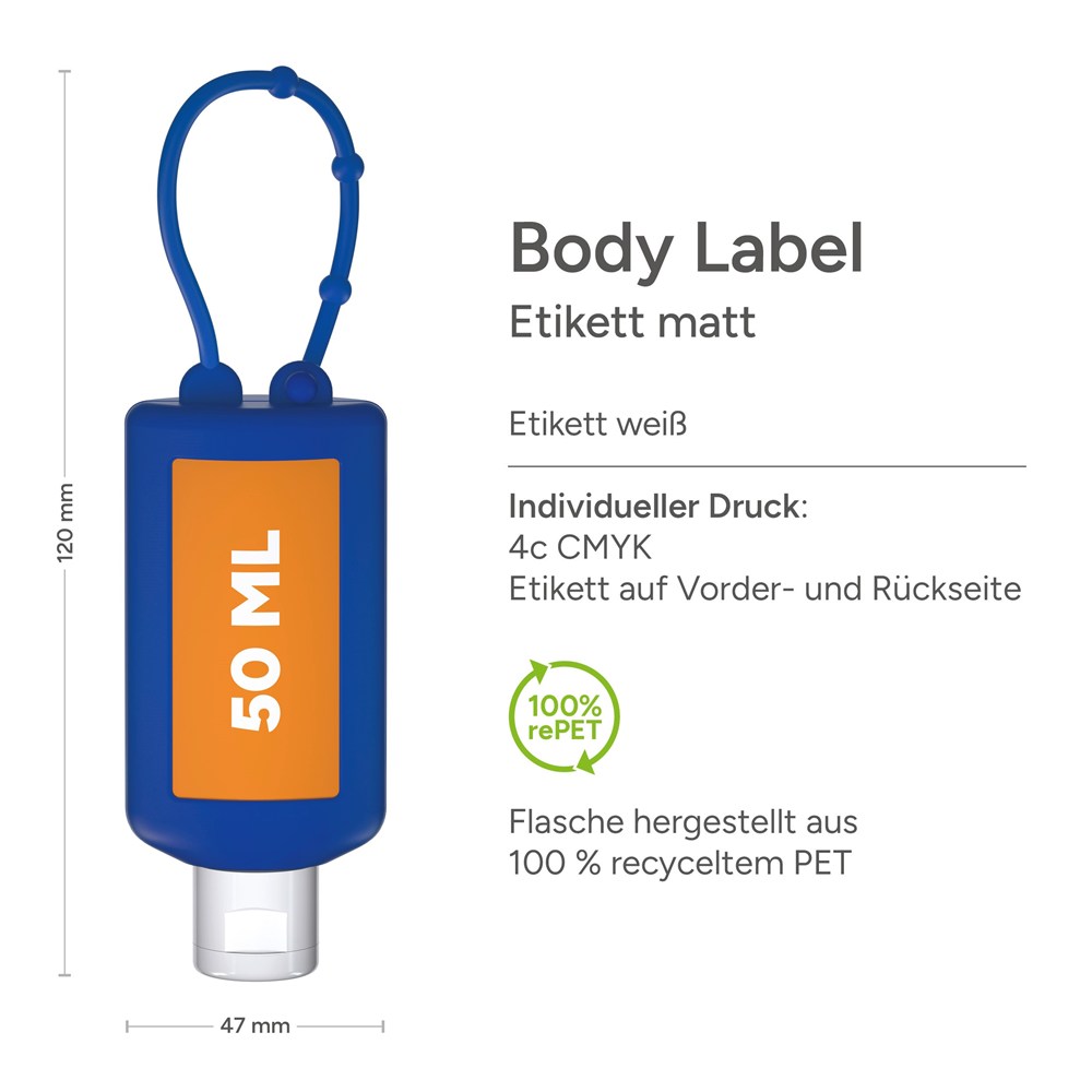 Handreinigingsgel, Bumper 50 ml, blauw, Body Label (R-PET)