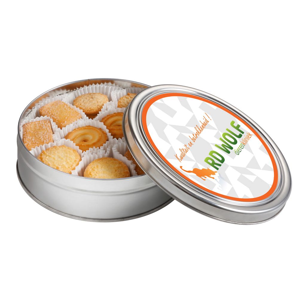 Rond blik met diverse soorten koekjes