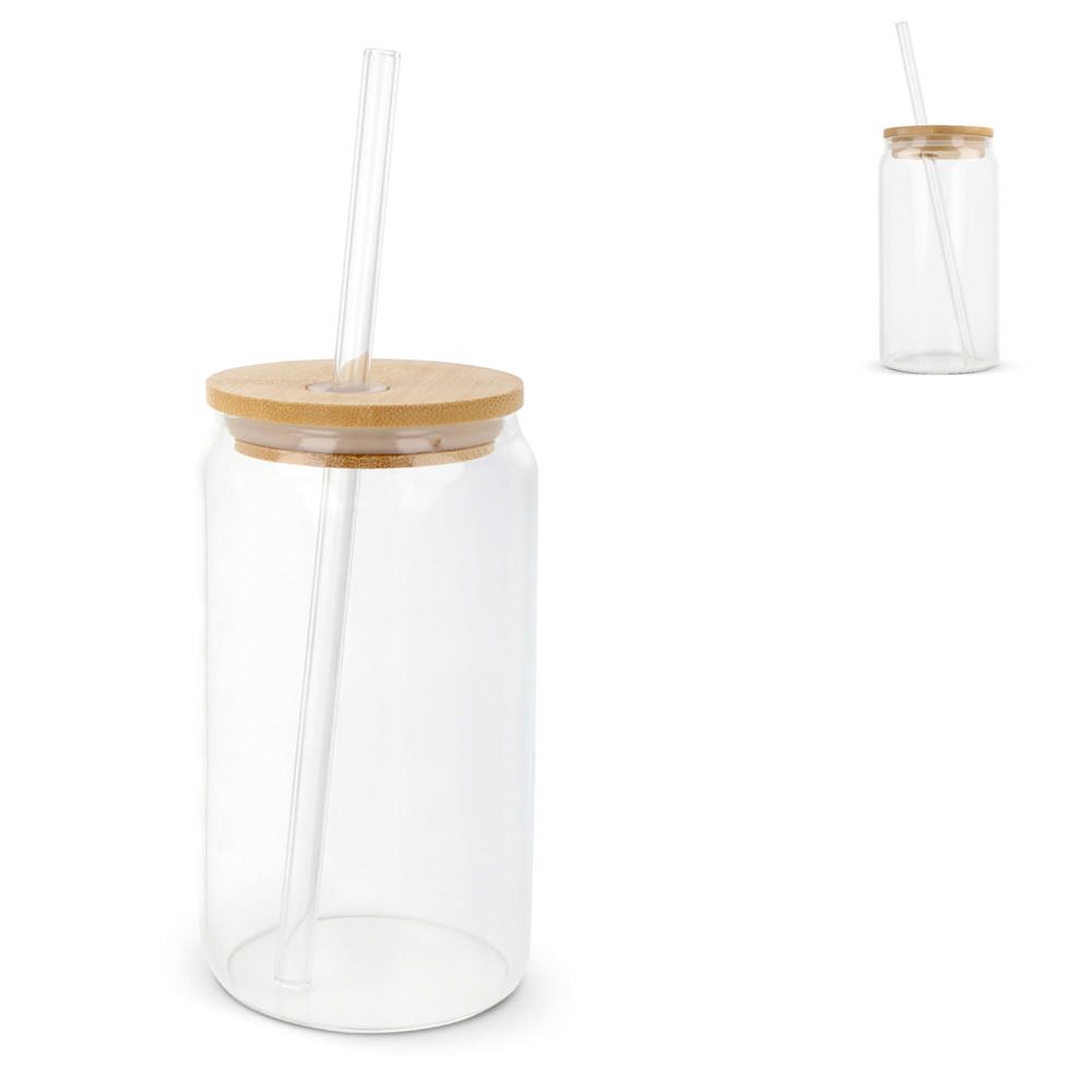 Glas met bamboe deksel &amp; rietje 450 ml