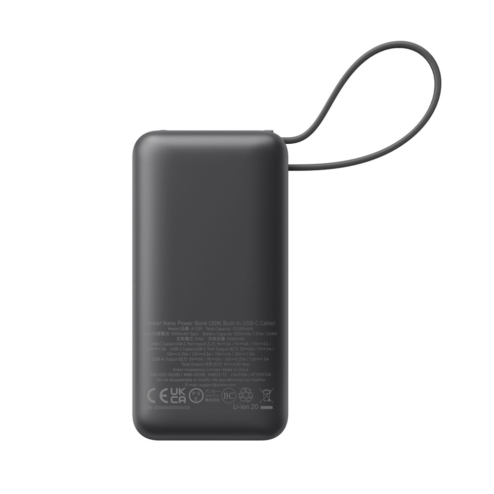 Anker Nano Powerbank 30 W, met ingebouwde USB-C-kabel