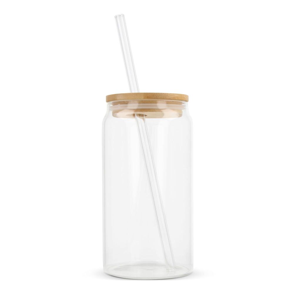 Glas met bamboe deksel &amp; rietje 450 ml