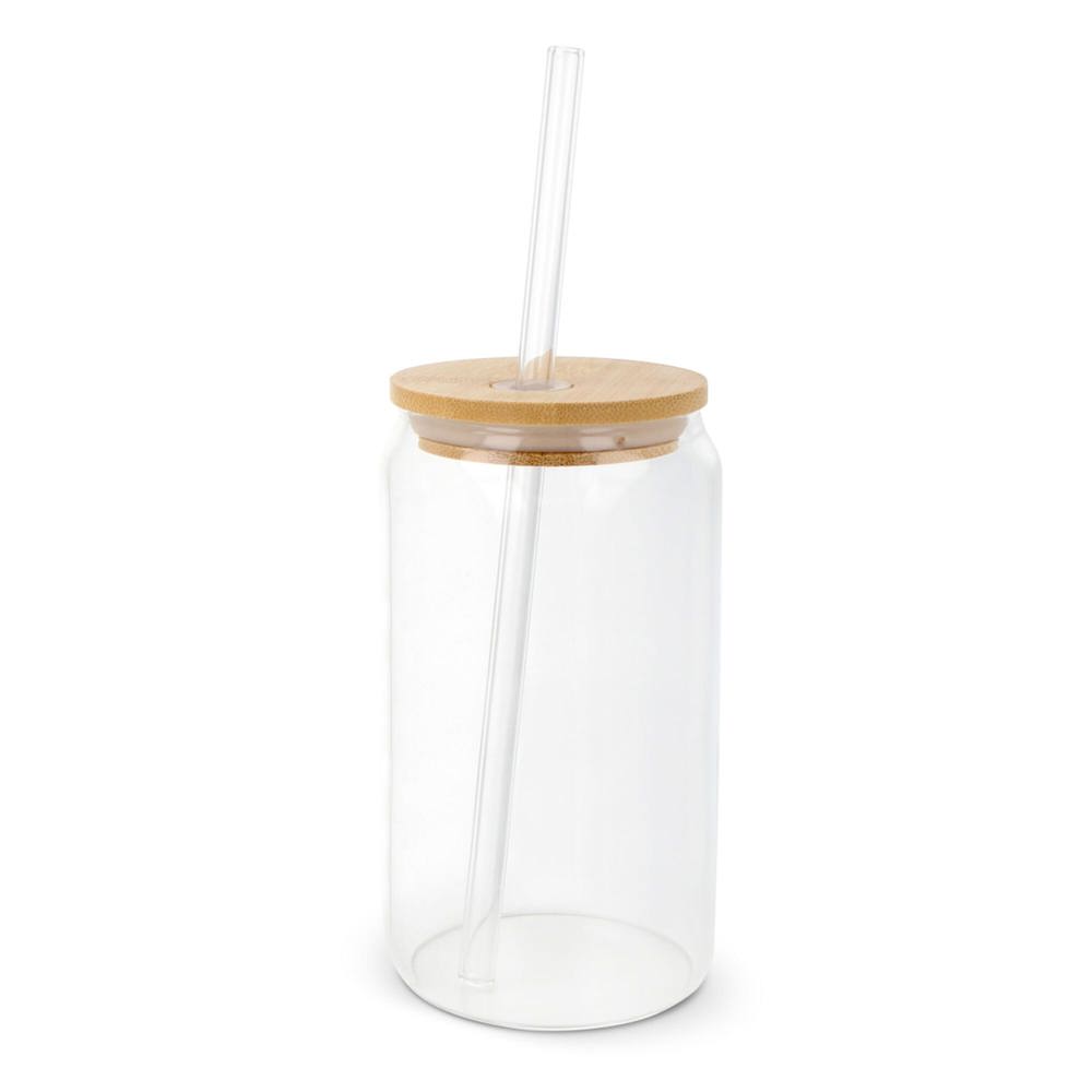 Glas met bamboe deksel &amp; rietje 450 ml