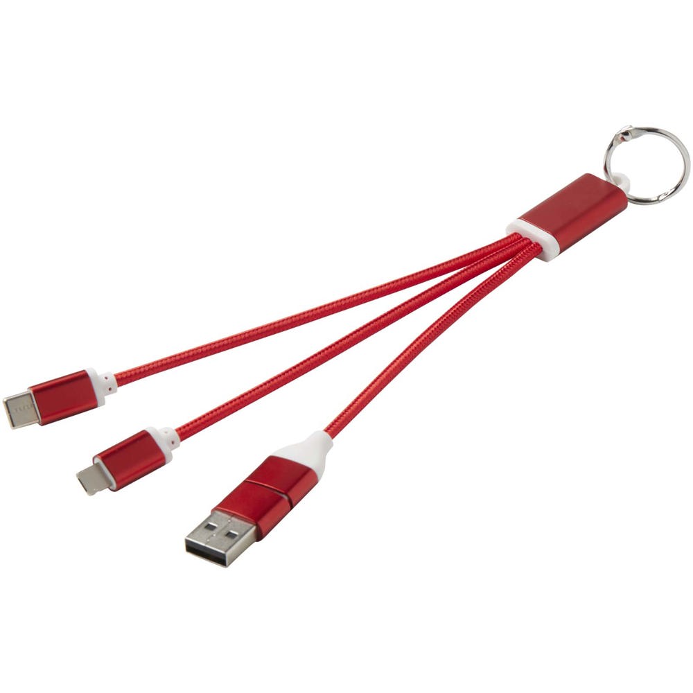 Metal 4-in-1 oplaadkabel van gerecycled aluminium met sleutelhanger - Rood